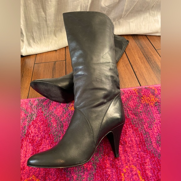 Shoes - Vintage black leather cone heel slouch boots made in Brazil sz 8